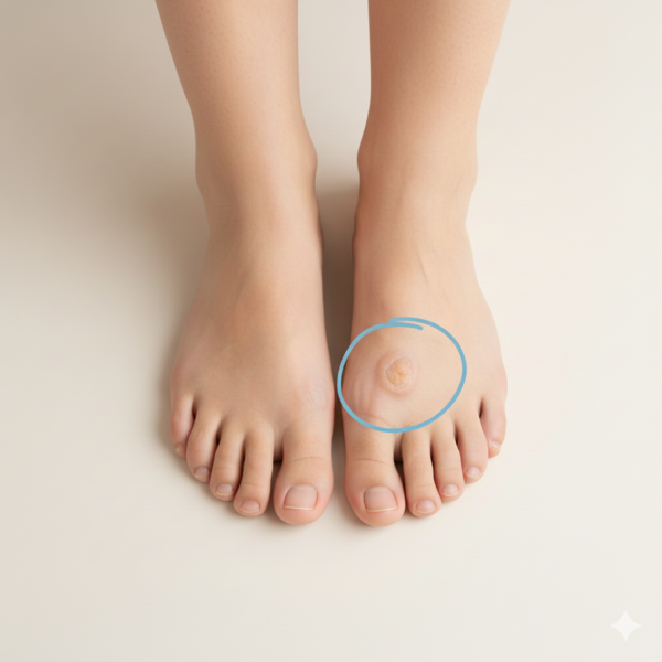 Minimalistyczne zdjęcie stóp na jasnym tle. Subtelne zaznaczenie miejsca odcisku delikatnym okręgiem.