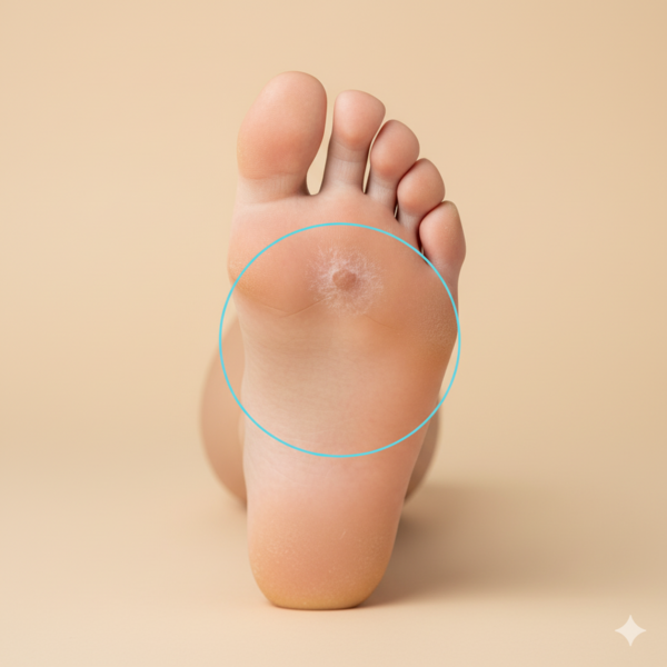 Eleganckie zdjęcie pięty lub śródstopia z widocznym modzelem (zaznaczonym dyskretnym okręgiem). Czyste, jasne tło.